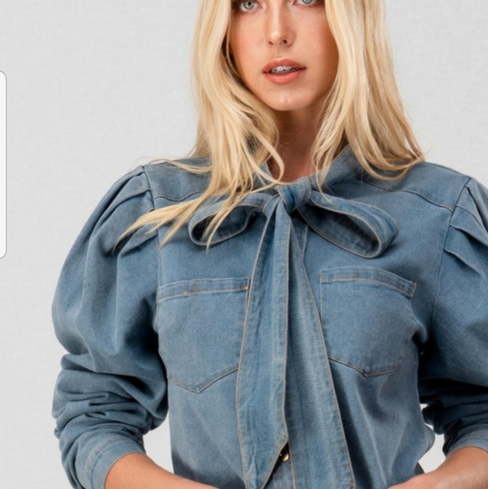 Tie neck button down denim blouse